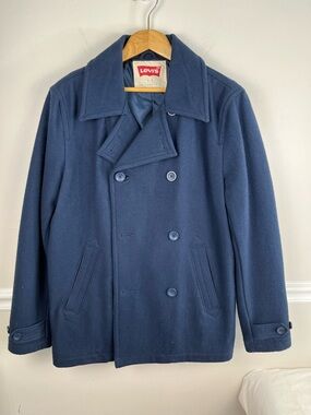 Men's Navy Pea Coat - Classic Wool Blend